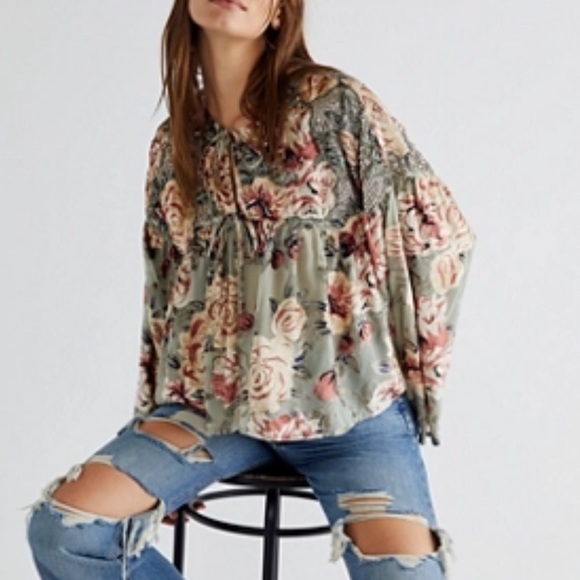 Free People Elsa Crushed Velvet Floral Sequin-Embellished L Tie-Front Green Pink - Picture 7 of 9